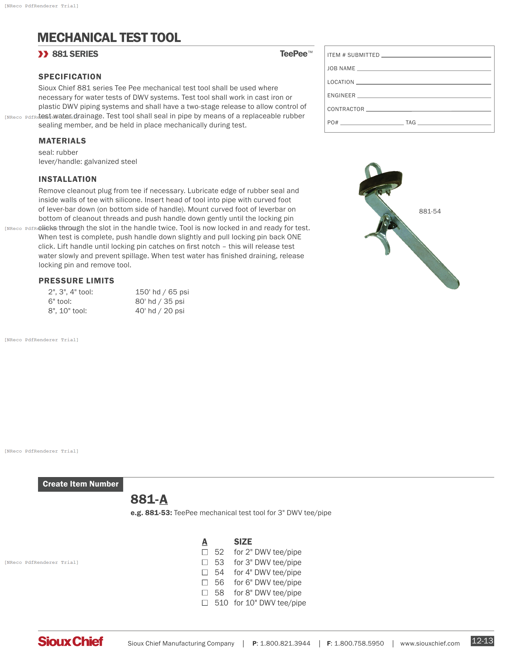 881 SERIES - TEEPEE TEST TOOL - SPEC SHEET.PDF Specification Document